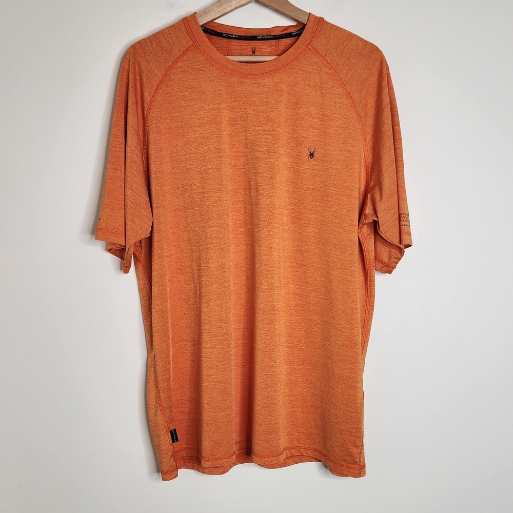 Men's Spyder Active Orange Crew Neck Rash Guard Large UPF 30+ Wicking Surf Sand